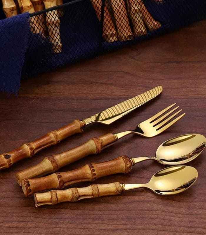 24 Pc Natural Bamboo Handle Cutlery Set Stainless Steel Flatware