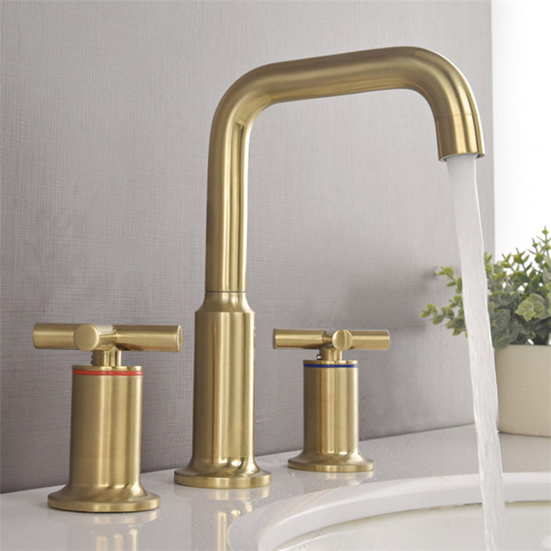 Rubinetto per lavabo diffuso a cascata a tre fori in oro spazzolato