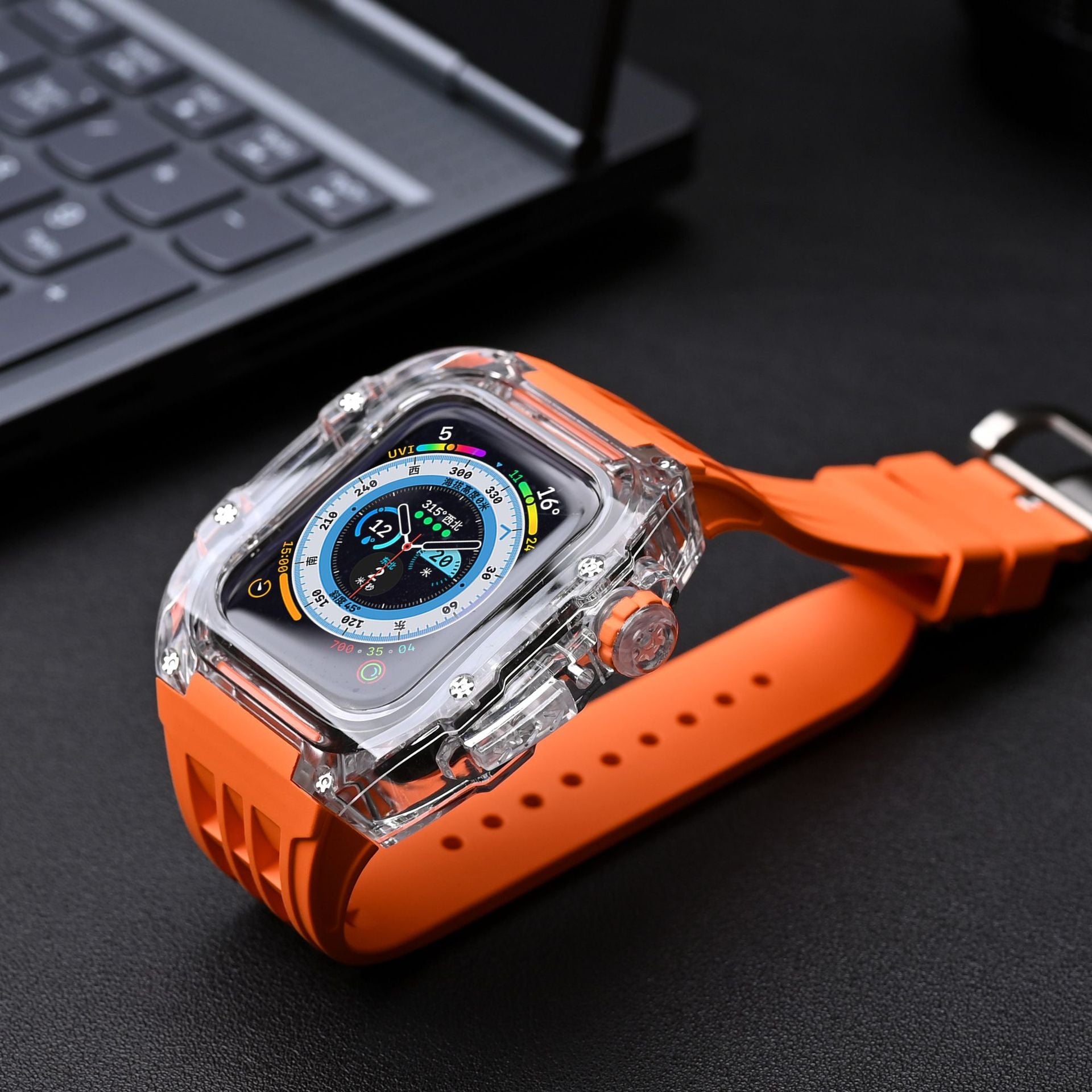 RM V30 Glacier Series Fluorkautschukband Transparentes Gehäuse Nachrüstsatz für Apple Watch