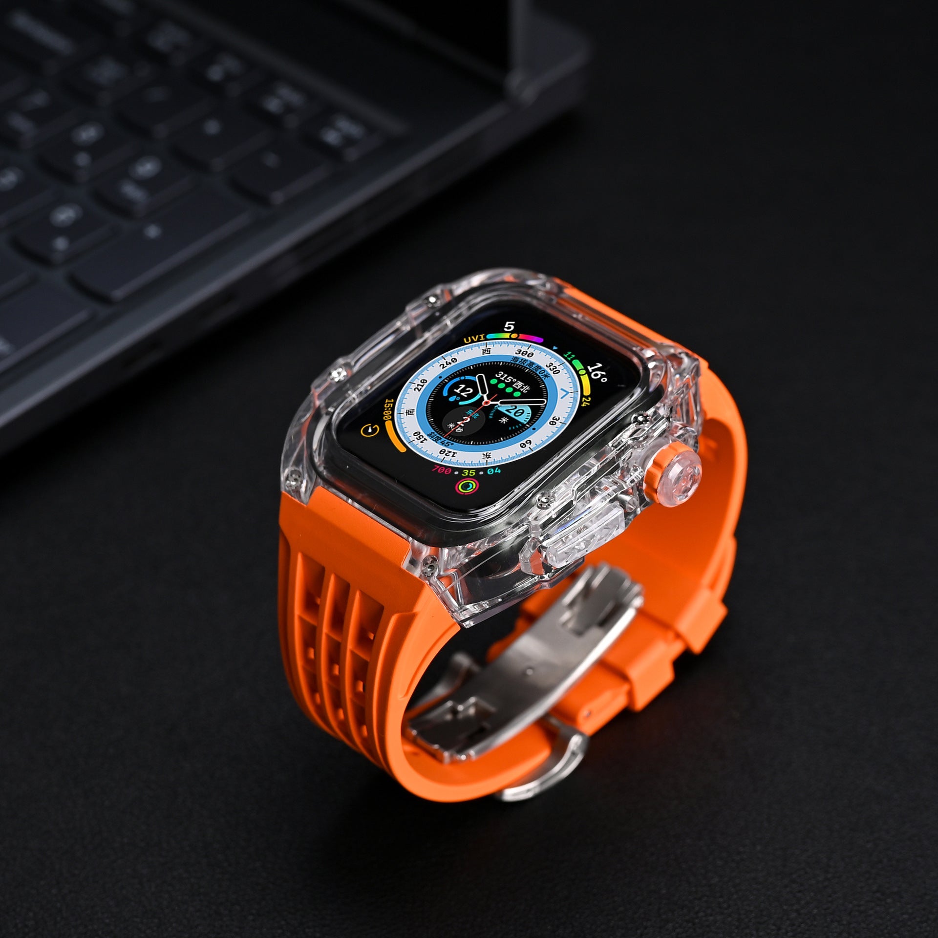 RM V30 Glacier Series Fluorkautschukband Transparentes Gehäuse Nachrüstsatz für Apple Watch