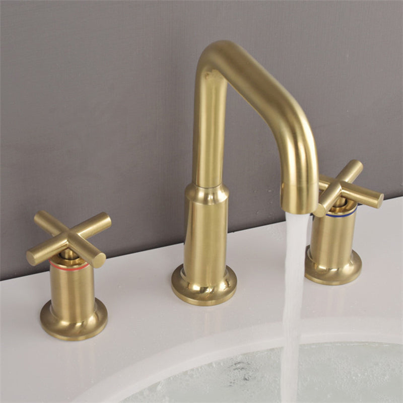 Brushed Gold Three Hole Waterfall Widespread Bathroom Sink Faucet