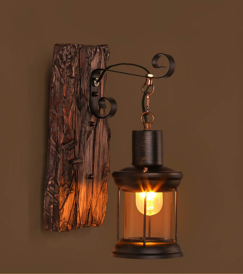 LichtGlas - Zylinder shaped wall lamp with glass, iron and wooden base