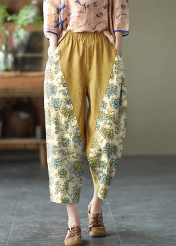 Pantalones Harem De Lino De Verano Con Cintura Elástica Amarillo Natural