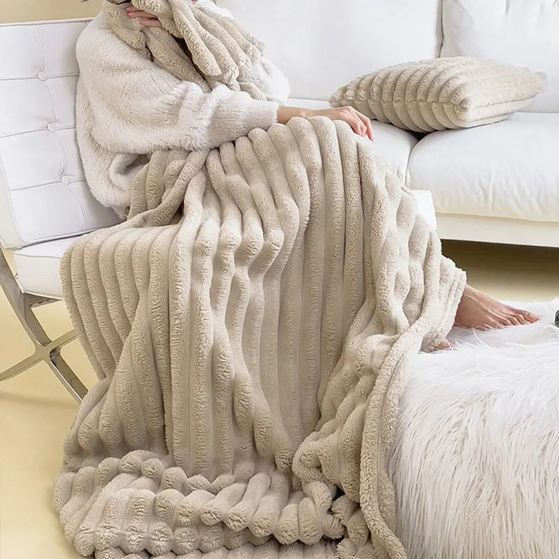 Super Soft Fluffy Faux Rabbit Throw - Off White, Beige & Grey