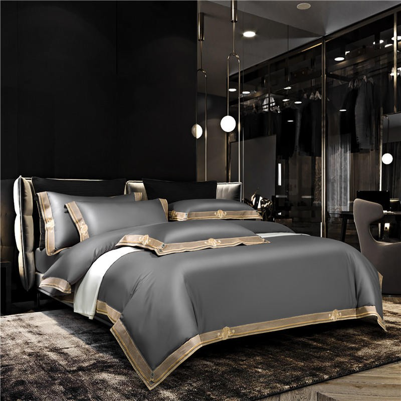 Set biancheria da letto in cotone egiziano con bordo ricamato grigio Anahi