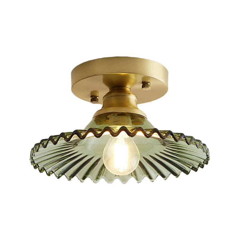 Industriel semi-flush loftslampe med grøn rillet glasskærm