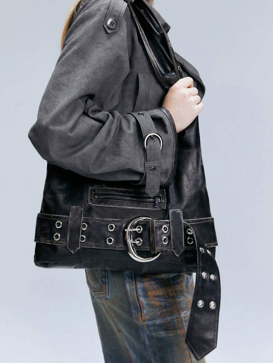 Distressed Rebel Buckle Hobo Bag