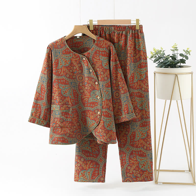 Vintage Jacquard Rundhals-Loungewear-Set