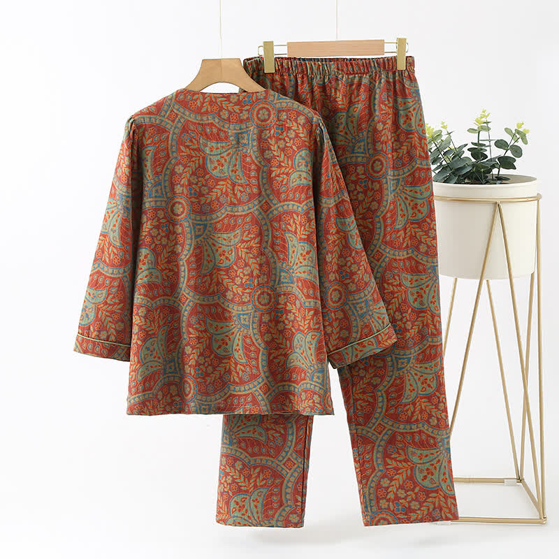 Conjunto de Loungewear de Cuello Redondo Jacquard Vintage