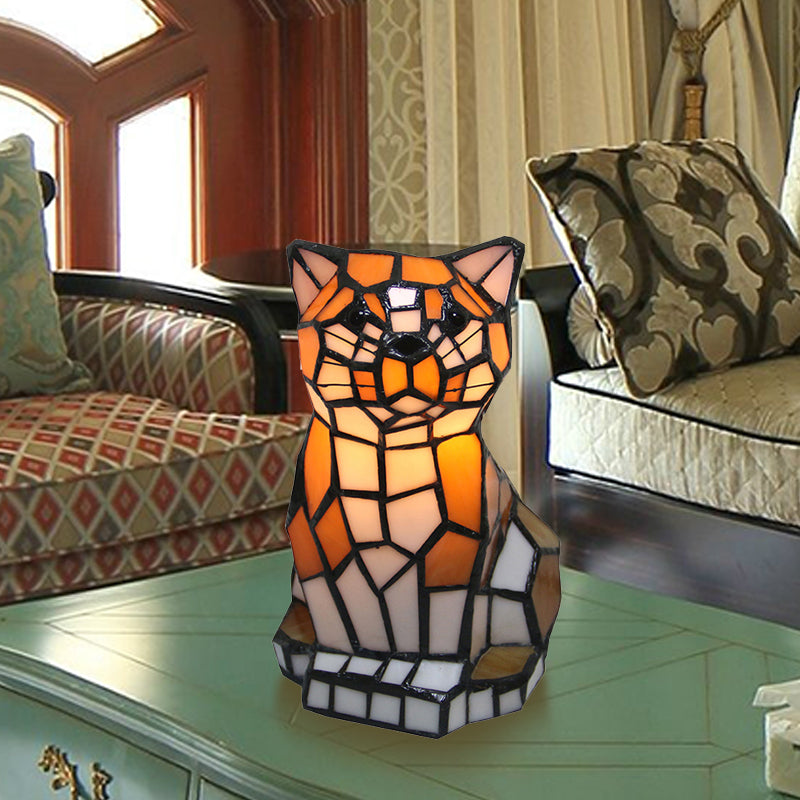 Lámpara de mesa de acento de sombra de gato marrón Tiffany de vidrio de colores, lámpara de 1 luz para la mesita de noche