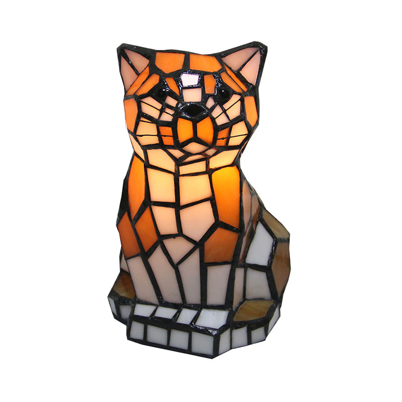 Lámpara de mesa de acento de sombra de gato marrón Tiffany de vidrio de colores, lámpara de 1 luz para la mesita de noche