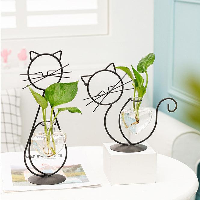 Iron Kitty Chat avec vase en forme de cœur en verre pour station de propagation et jardinières