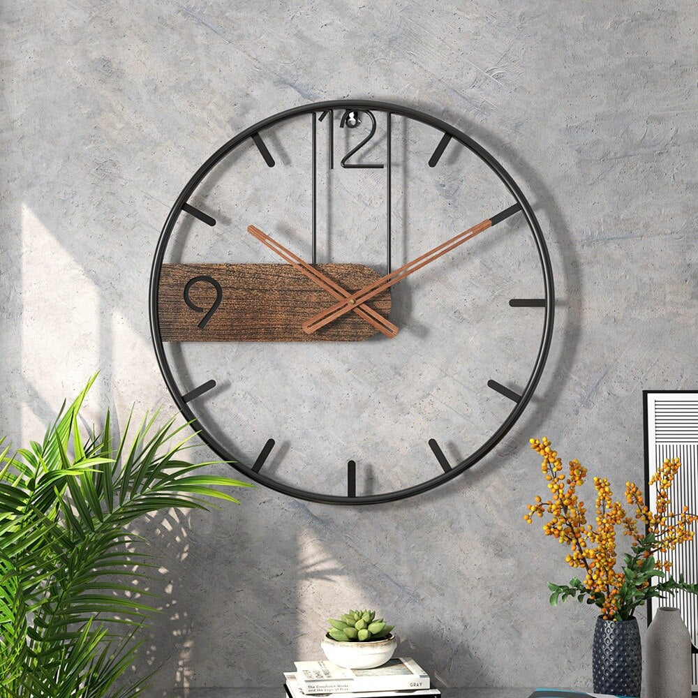 Horloge murale en acier et noyer