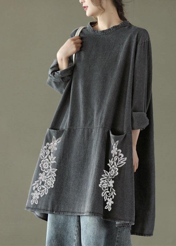 Boho noir gris col rond poches Denim robes longues à manches longues