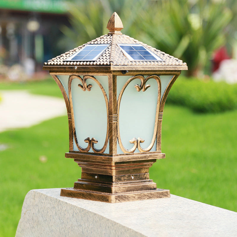 Frosted Glass LED Solar Outdoor Lamp Vintage Flared Garden Post Lighting Fixture