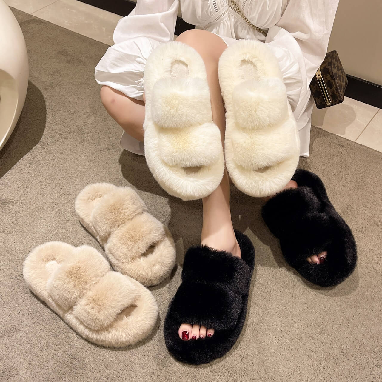 Ella Faux Fur Dames Slippers Sandalen