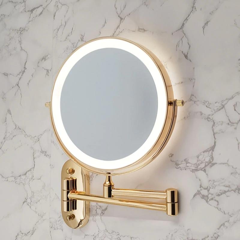 Espejo de aumento LED recargable dorado para maquillaje y baño