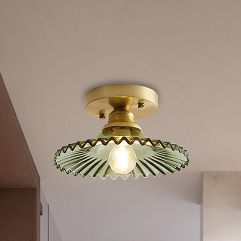 Lampada da soffitto industriale a semi-incasso con paralume in vetro rigato verde