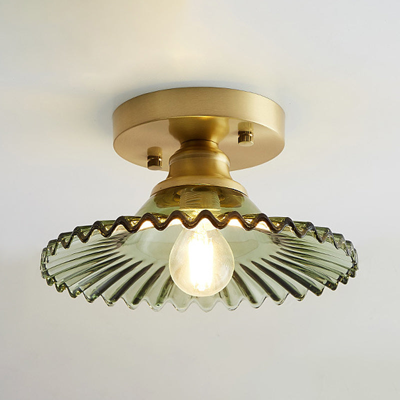 Industriel semi-flush loftslampe med grøn rillet glasskærm