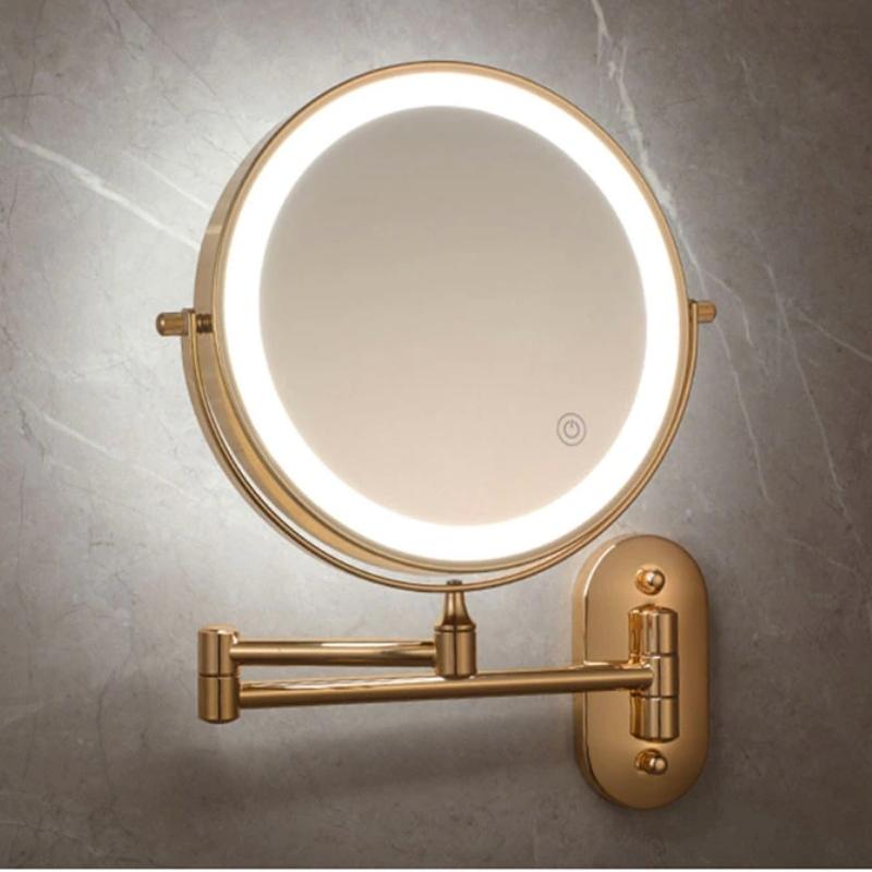 Espejo de aumento LED recargable dorado para maquillaje y baño