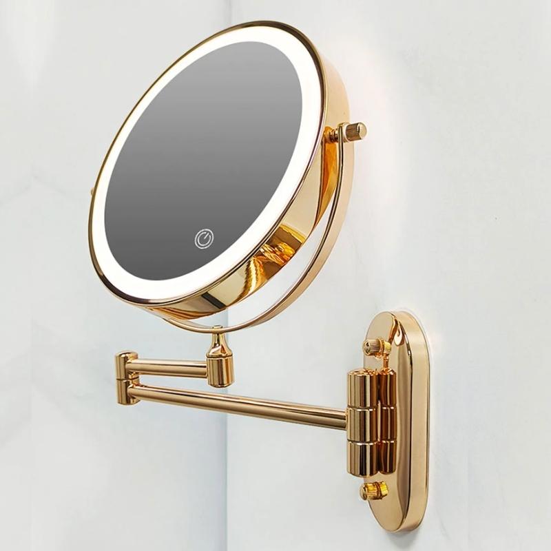 Espejo de aumento LED recargable dorado para maquillaje y baño