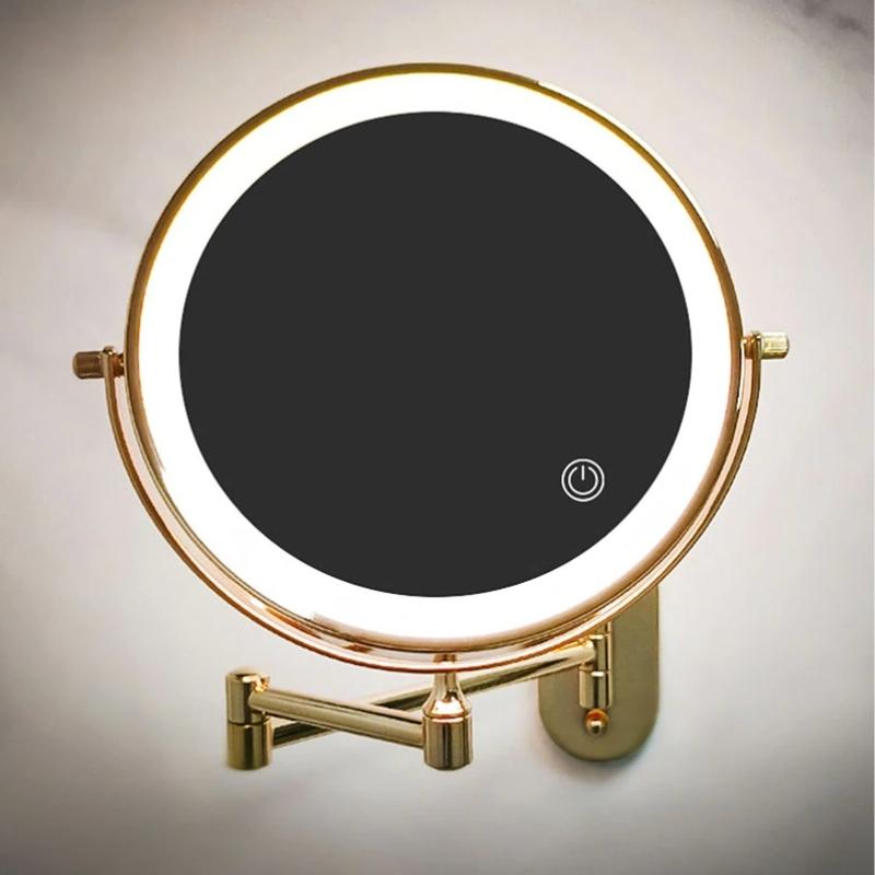 Espejo de aumento LED recargable dorado para maquillaje y baño