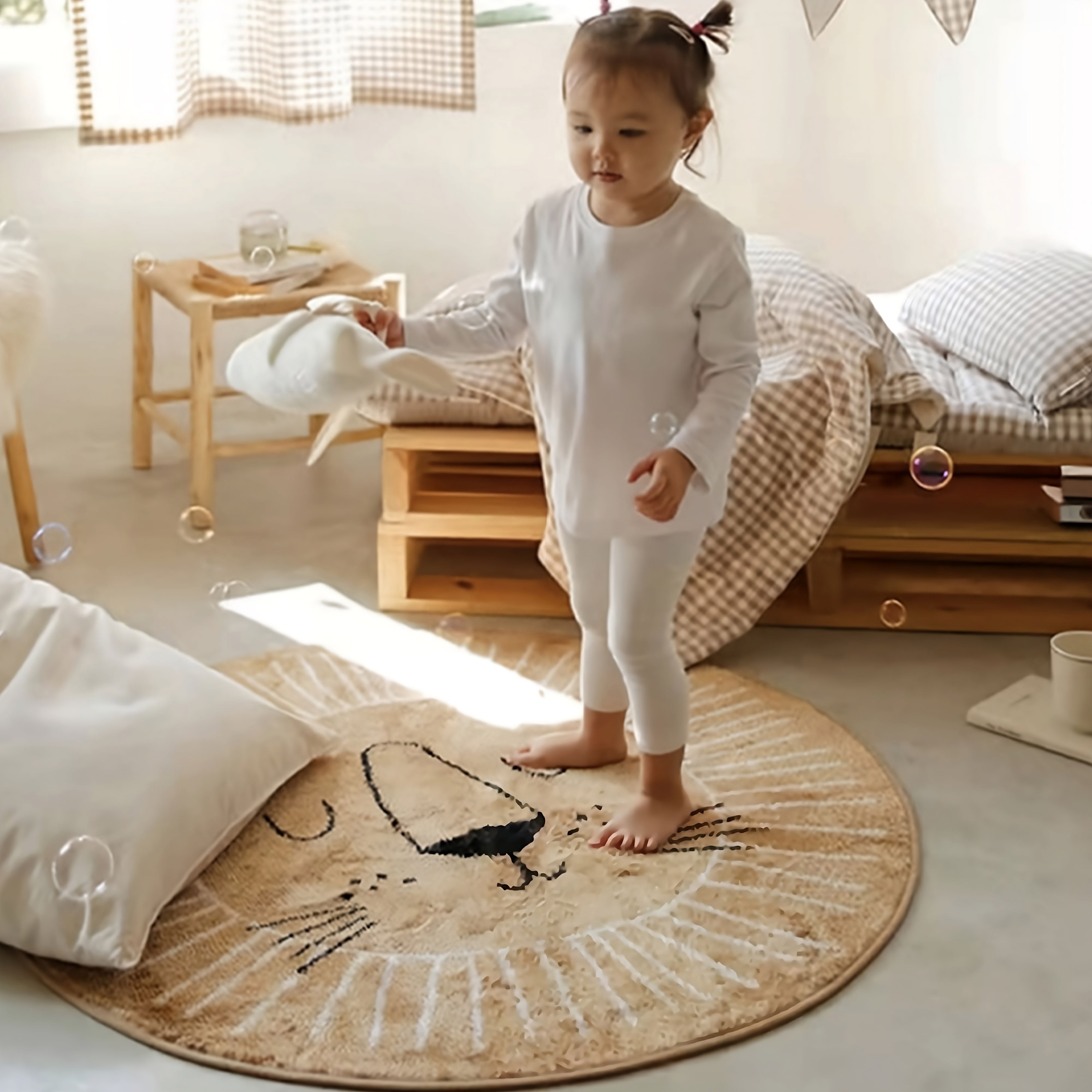 Tapis de chambre d'enfant style nordique boho avec lion