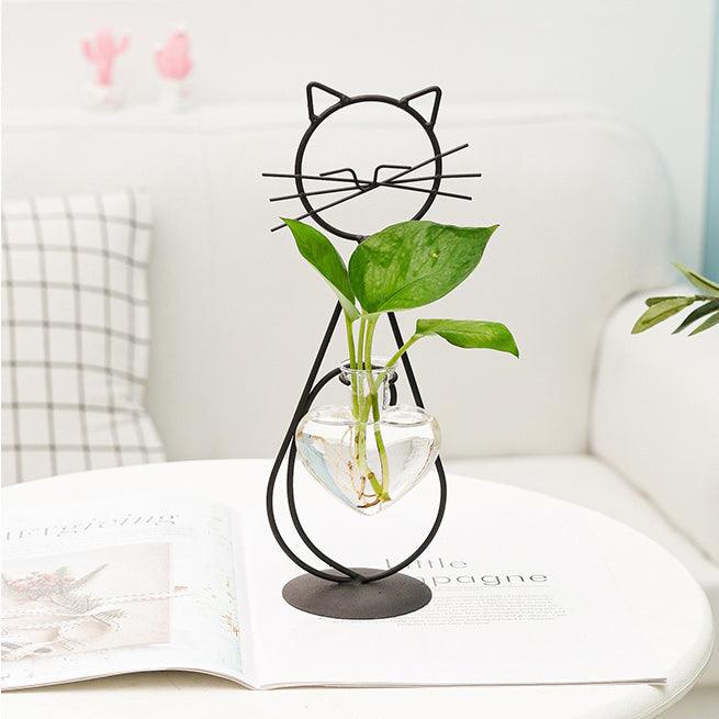 Iron Kitty Chat avec vase en forme de cœur en verre pour station de propagation et jardinières