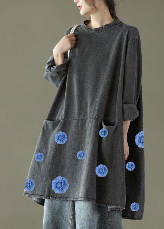 Boho noir gris col rond poches Denim robes longues à manches longues