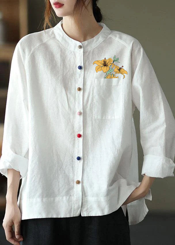 Modern White Loose Patchwork Pockets Fall Long Sleeve Blouse Top