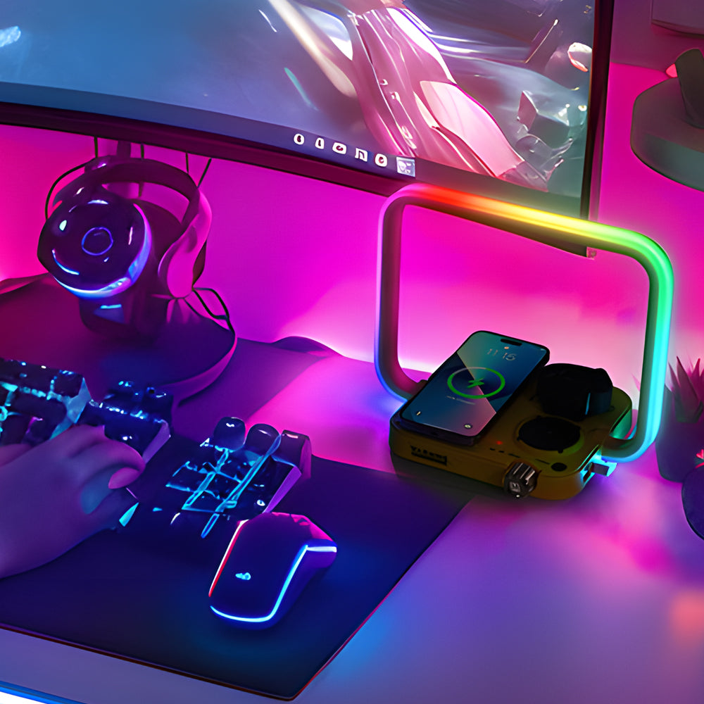 TechGlow - Lámpara de mesa 3 en 1 con cargador inalámbrico, iluminación RGB y temporizador