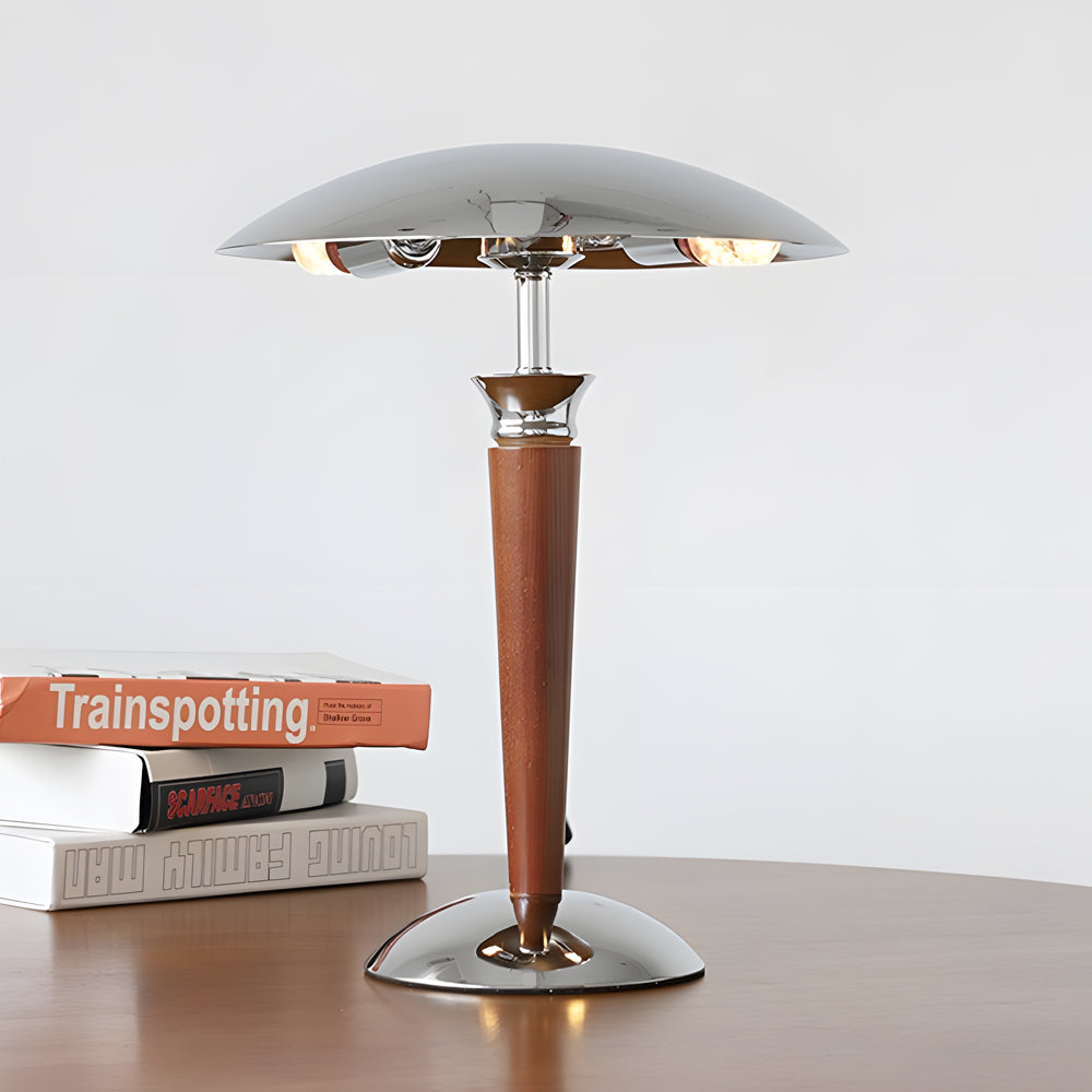 Paquebot - Vintage Chrome Iron Table Lamp with Mushroom Shade and 3-Position Wooden Dimmer