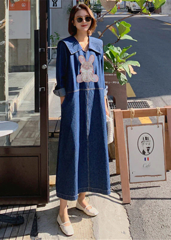 Vestido holgado de manga larga con bolsillos de retazos y cuello Peter Pan azul vaquero