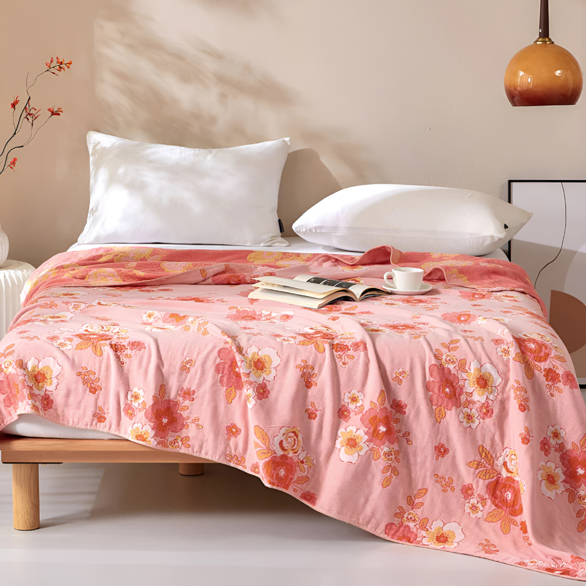 Couverture Florale en Gaze de Coton Rose