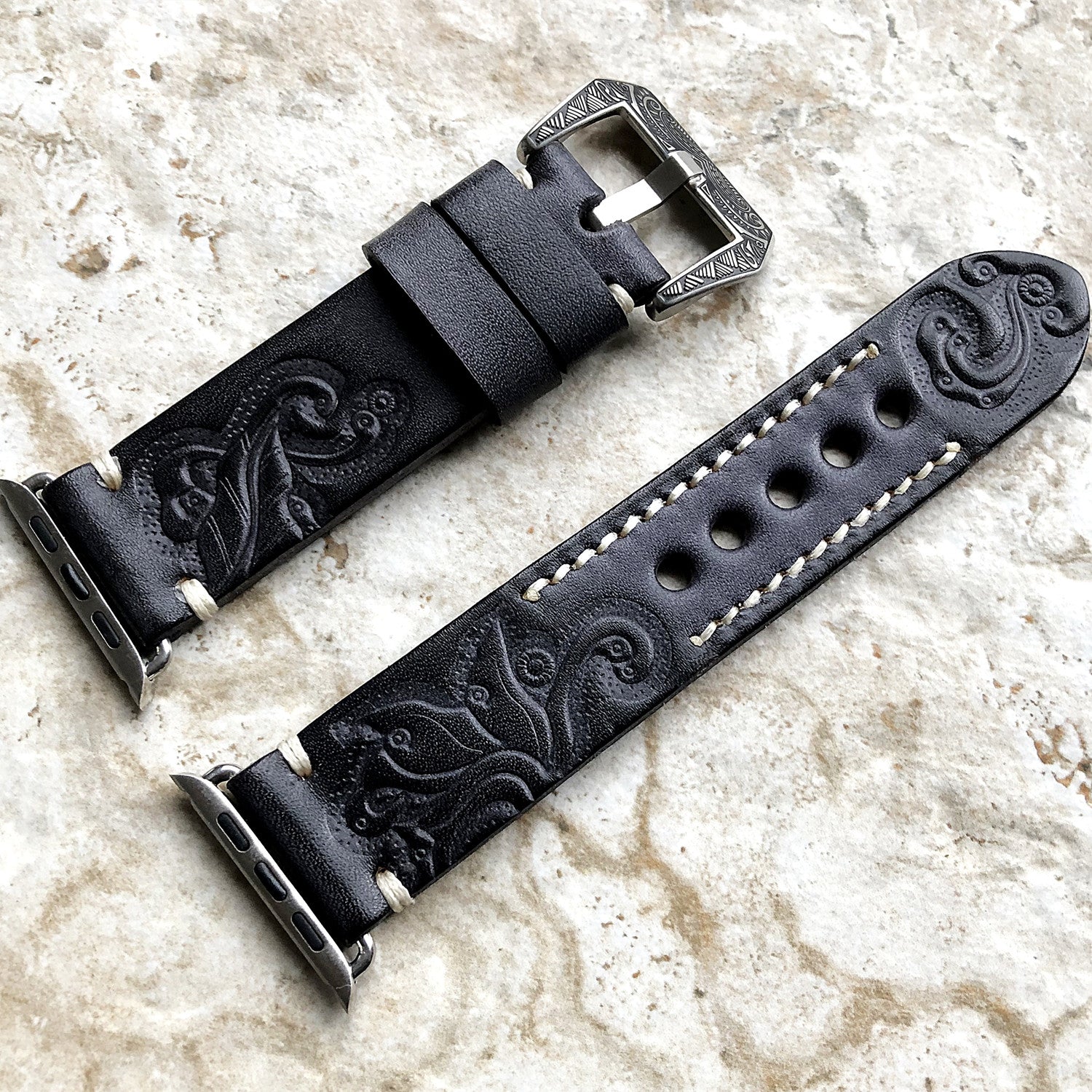 Hand-engraved embossed leather strap for apple watch