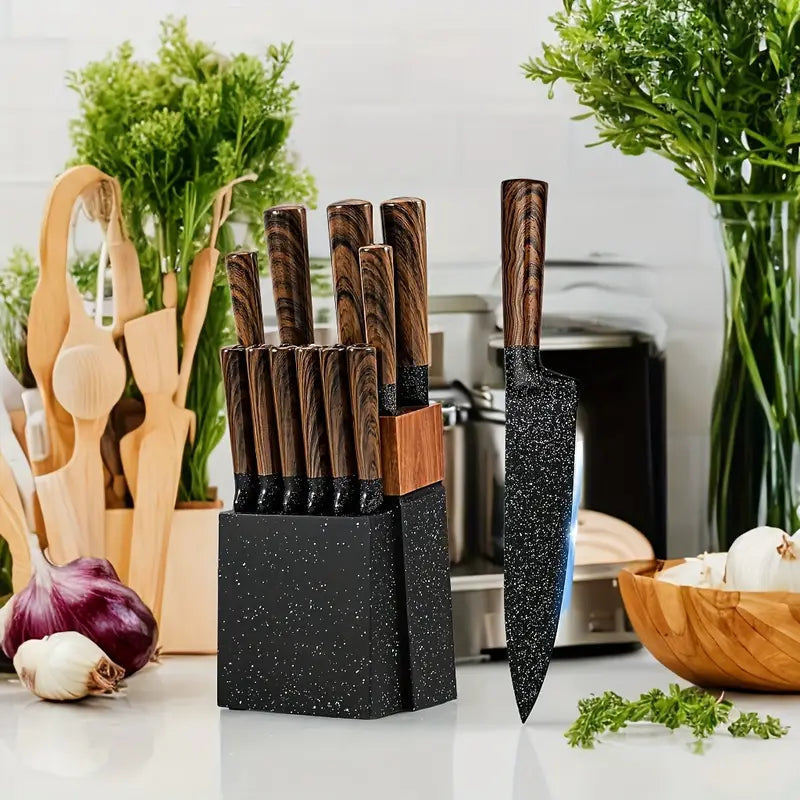 Ensemble de couteaux de cuisine allemands en acier de 12 pièces avec manche et bloc en bois japonais