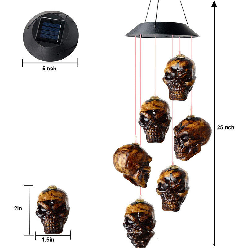 Carillons éoliens crâne d'halloween, lumière LED à alimentation solaire pour décoration de jardin, carillons éoliens élégants pour l'extérieur, ornements de jardin