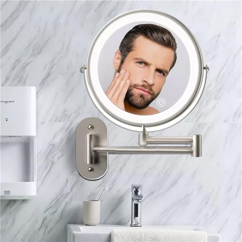 Espejo de tocador de baño y maquillaje con aumento LED recargable de plata mate