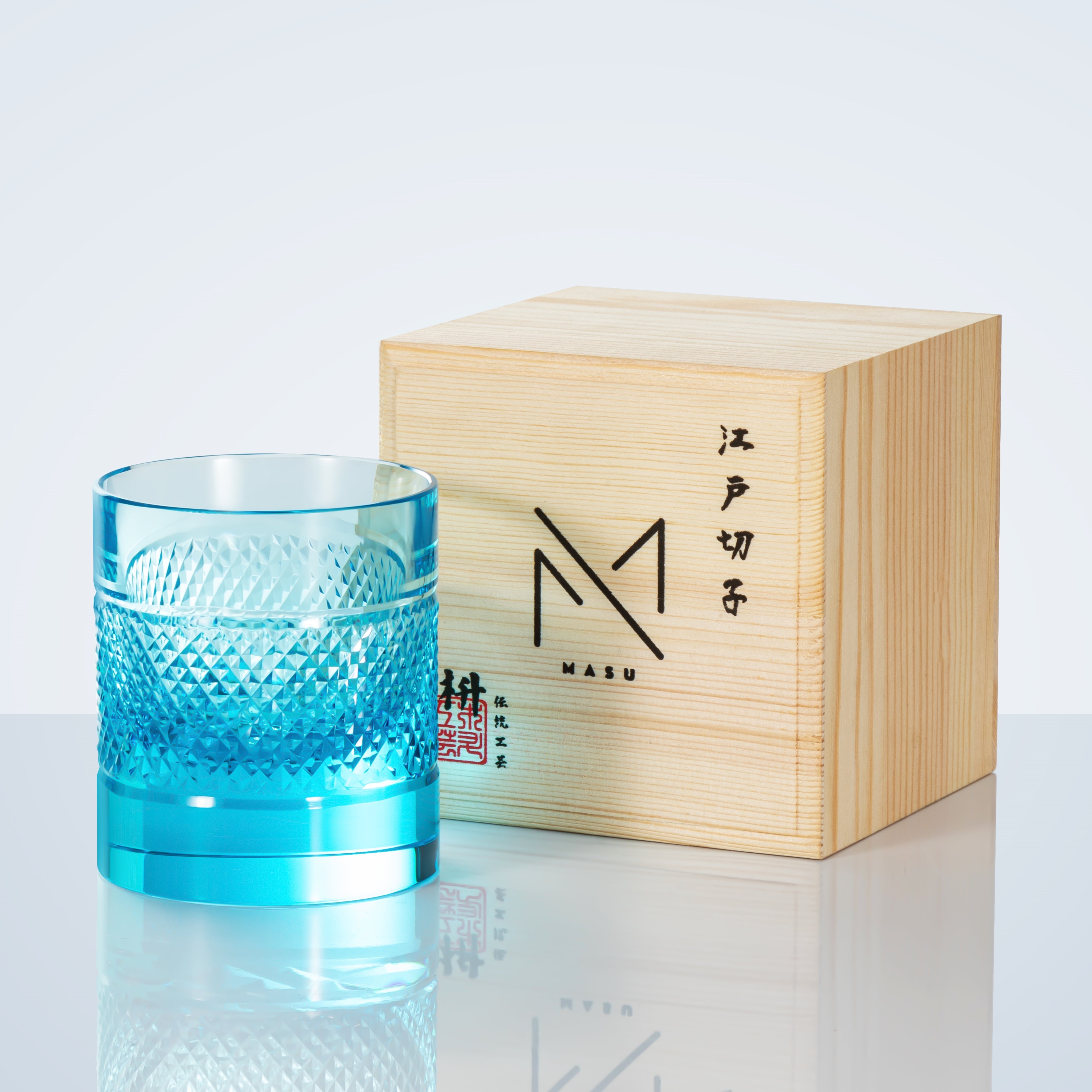 Edo Kiriko Diamond Multi-Color Whisky Glasses With Wooden Box