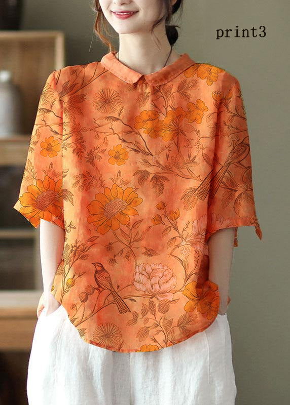 DIY Oranssi Print Ramie Half Sleeve Shirt Summer