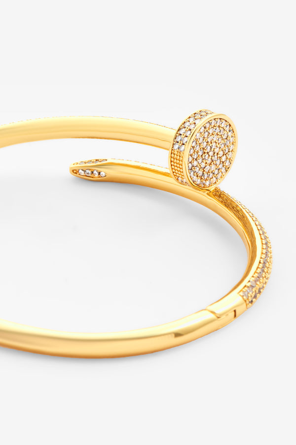 Gold 4mm Iced Nail Bangle Bracelet