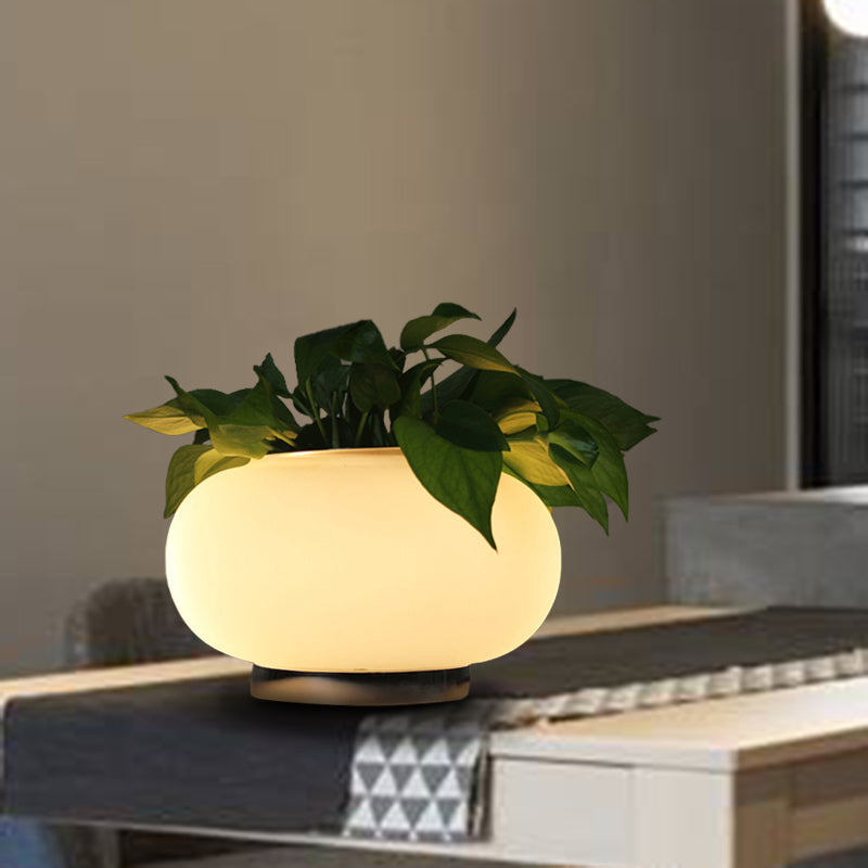 Lámpara de mesa ovalada de vidrio blanco industrial LED para sala de estar con decoración de planta