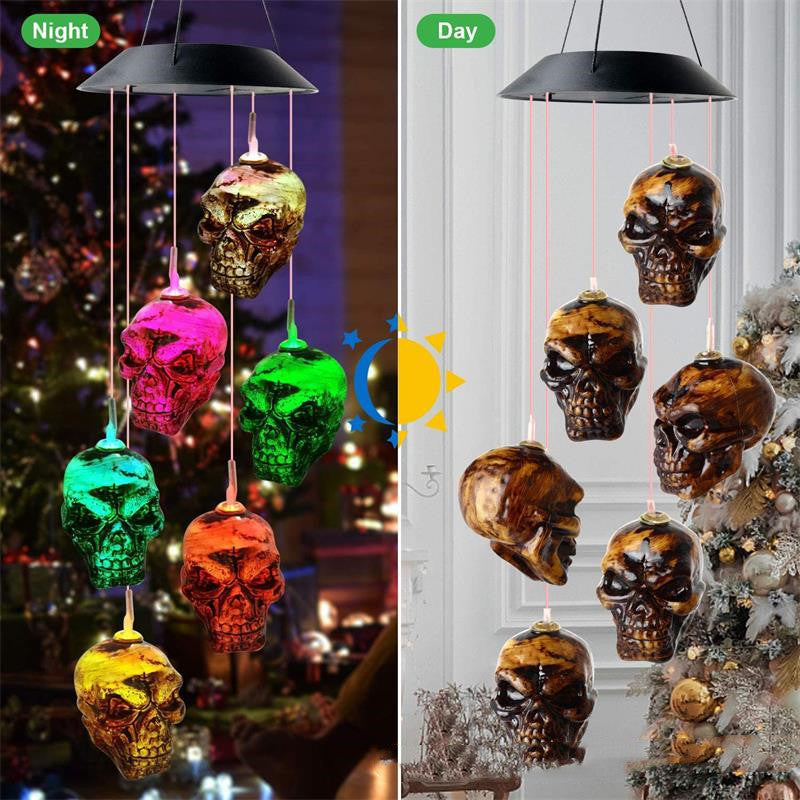 Halloween Skull Wind Chimes Soldrevet LED-lys til havedekoration Udendørs Elegant Wind Chimes Dekoration Havepynt