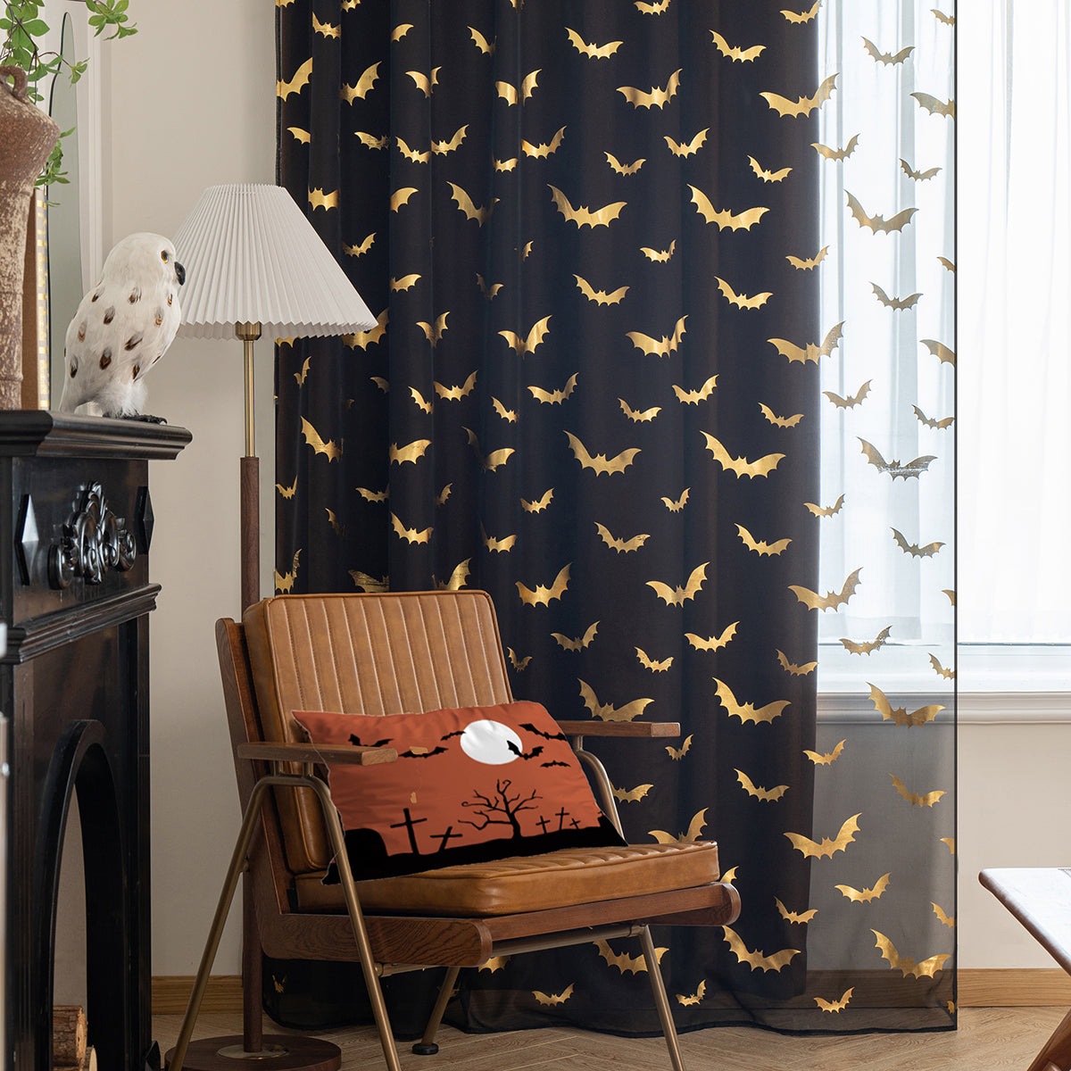 BatShade - Rideaux transparents en polyester à motif chauve-souris