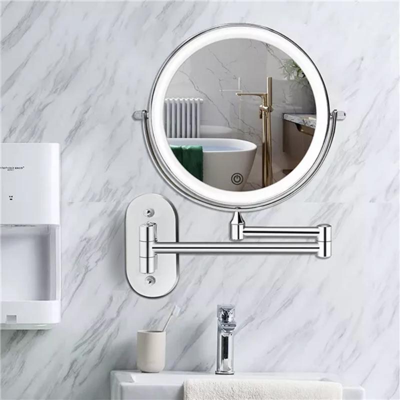 Miroir grossissant LED rechargeable argent chromé pour maquillage et salle de bain