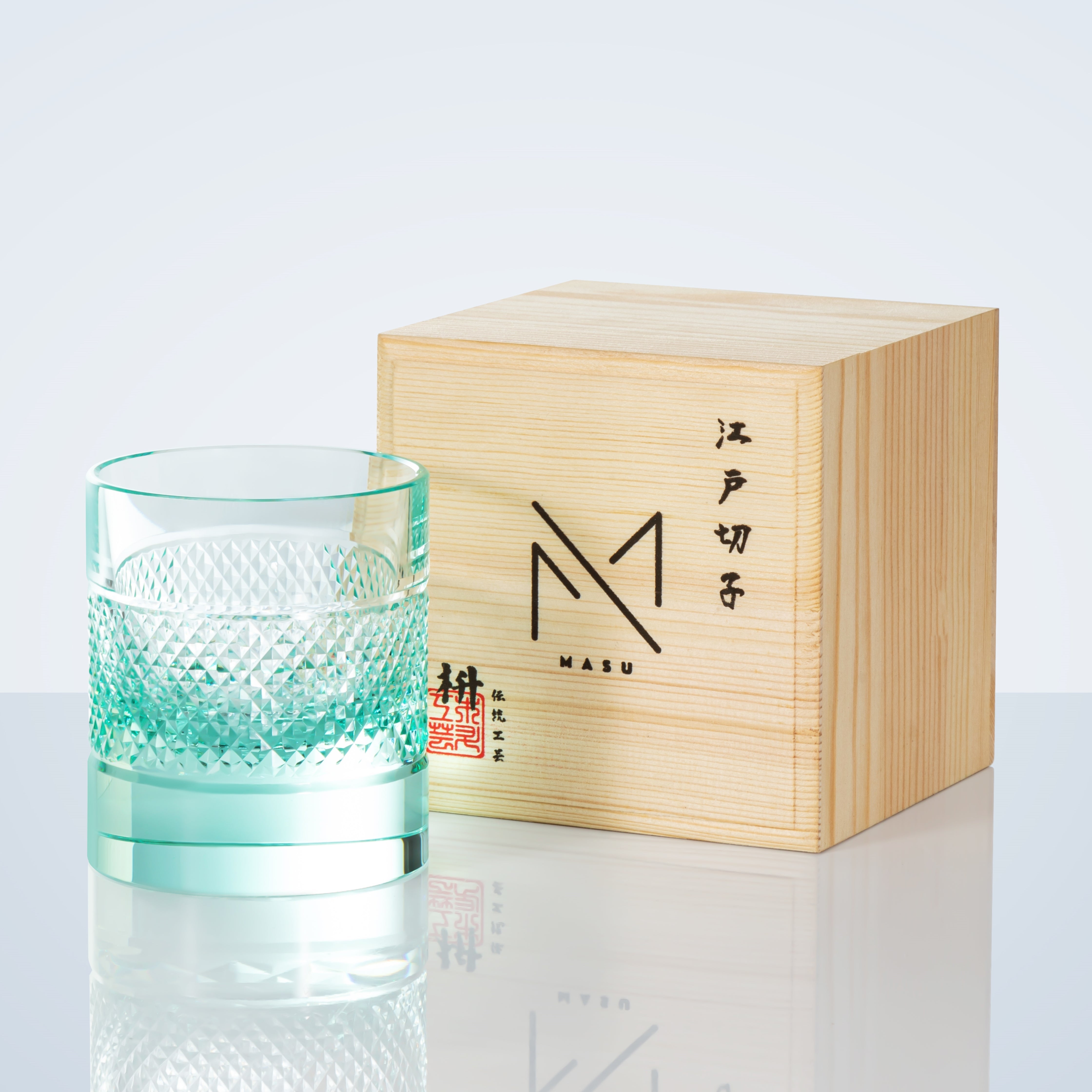 Edo Kiriko Diamond Multi-Color Whisky Glasses With Wooden Box