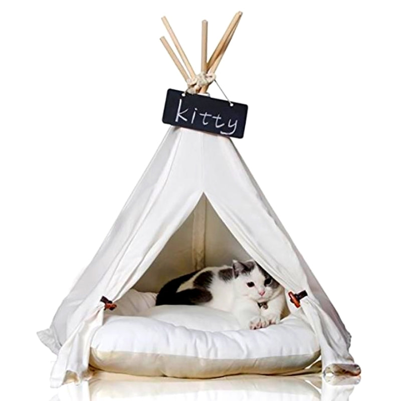 Tenda a forma di teepee per gatti in tela bianca con cuscino morbido per cuccia per gatti