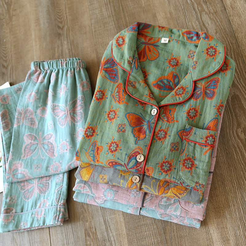 Vintage Schmetterlingsdruck Baumwoll-Loungewear-Set