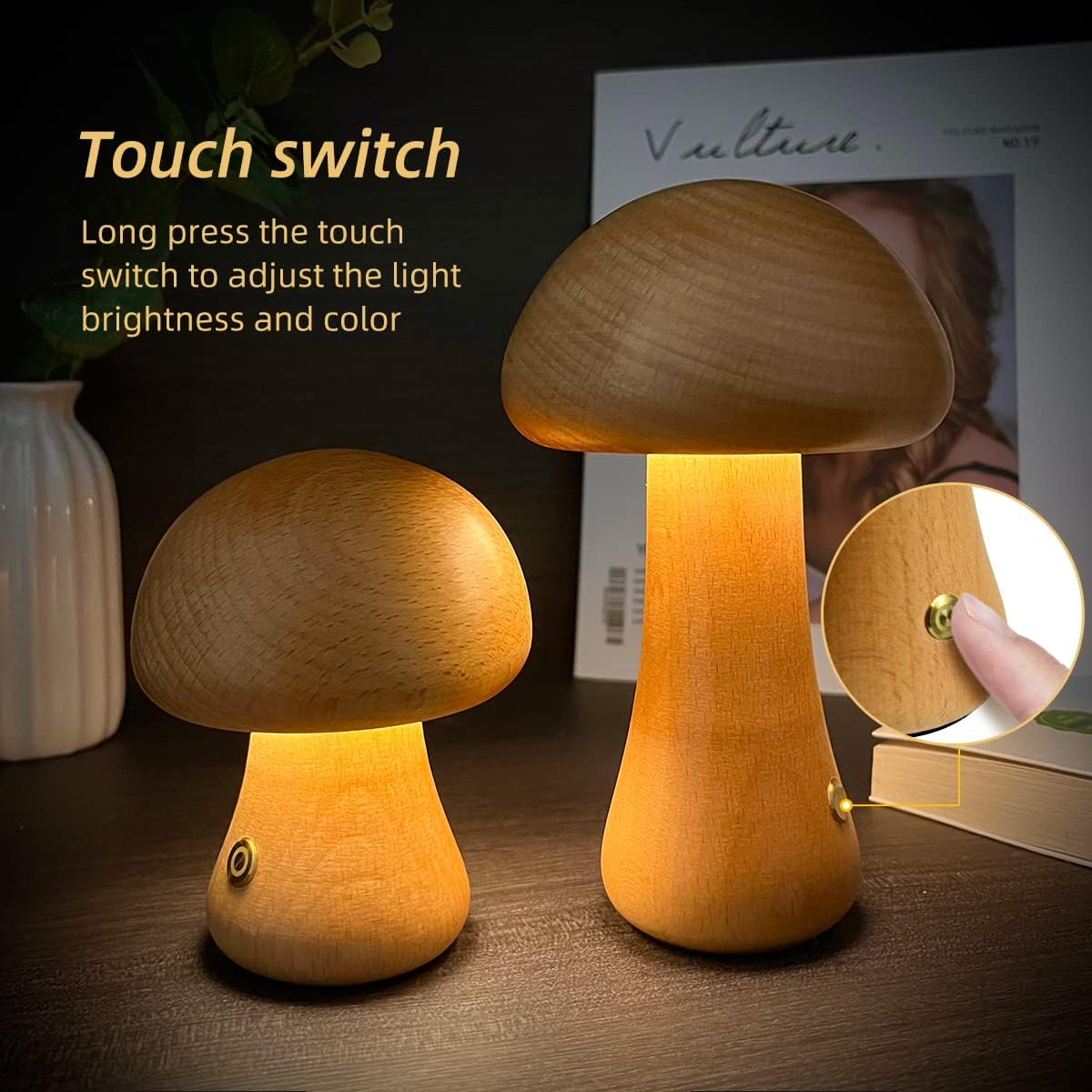 LUMON NOCHE | Luz nocturna LED de seta de madera con interruptor táctil | Iluminación atmosférica | Lámpara para niños