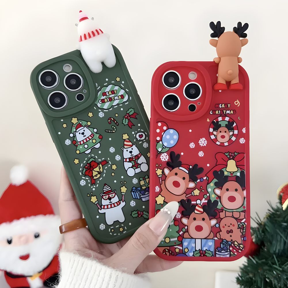 Festive 3D Bear & Reindeer Christmas Case for iPhone – Soft Silicone Cover